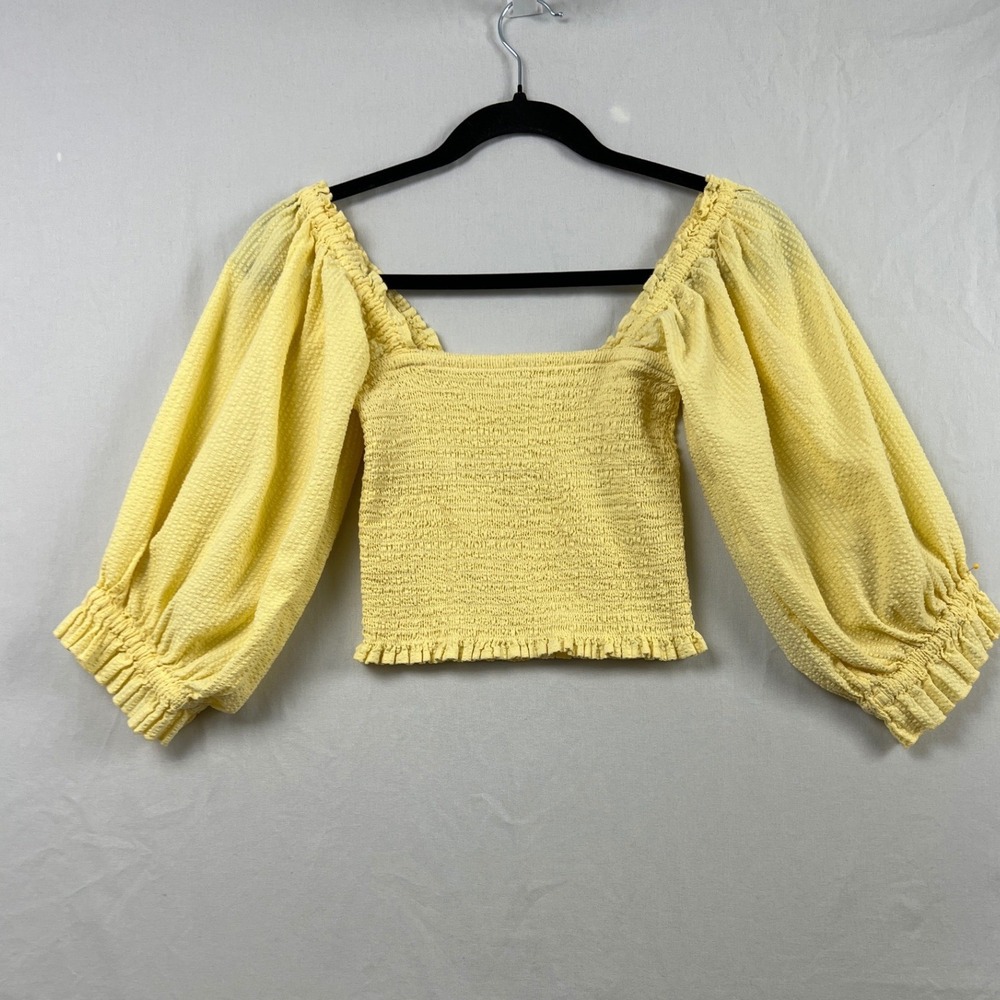 Billabong Smocked Puff Sleeve Top Womens Medium Yellow Square Neck Crop Beach